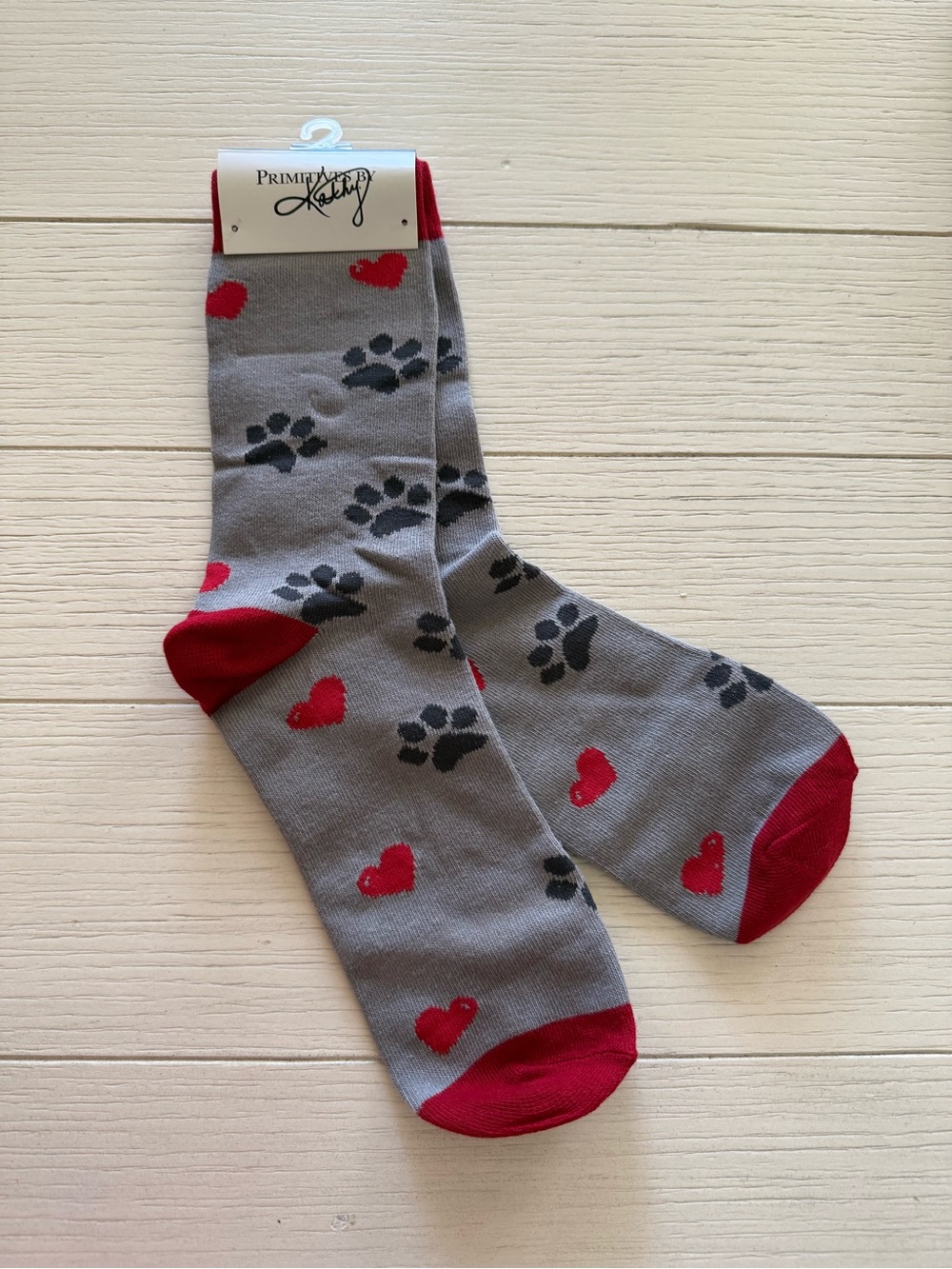 Primaries By Kathy Paw Prints & Hearts Socks - Gray with Red & Black Accents